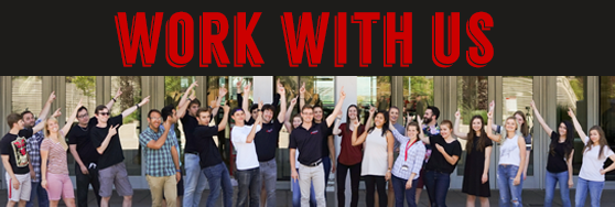 photo of Marriott Library student workers with banner saying "work with us"