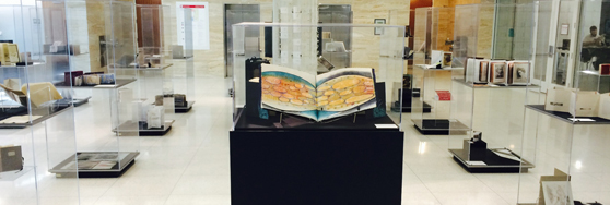 special collections gallery with artists book in display cases