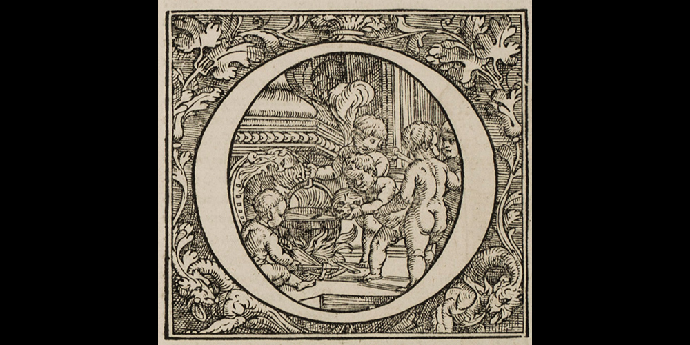 Putti and cauldron with head  p. 1 in 1555 edition