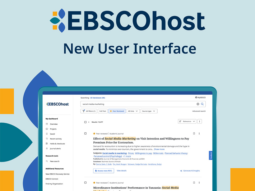 Ebscohost New User Interface, depiction of laptop with new interface