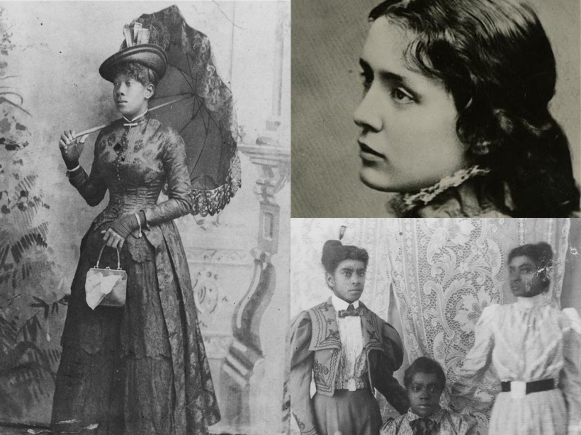 A collage of three archival photos. First is a woman looking off into the distance, she is wearing clothing of that era.  Second photo is a group of three women who are dressed very formally and are psoing for a photo. They are all posing with one person sitting down and the other two standing up. They have their hair up done really nicely and the are dressed very well.  The last photo is of a women dressed in a lacy material holding a lacy umbrella or parasol over her shoulder. She has a fancy hat and small purse. She is posing in front of of a beautiful wall art. 