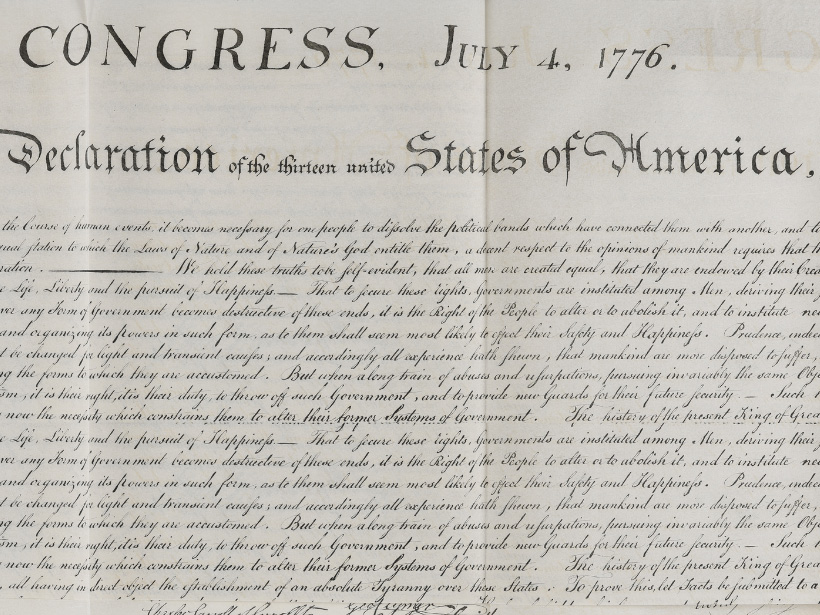 A section of the Declaration of Independence dated July 4, 1776. The document features formal, elegant script with the title prominently displayed.