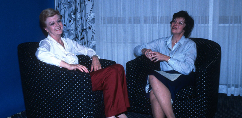 Color photograph of Jackie Nokes, a KSL News broadcaster interviewing Angela Lansbury, an Irish-British and American actress, producer, and singer.