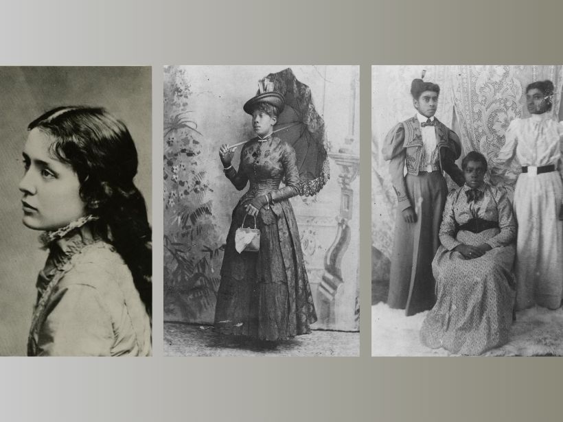 A collage of three archival photos. First is a woman looking off into the distance, she is wearing clothing of that era.  Second photo is a group of three women who are dressed very formally and are psoing for a photo. They are all posing with one person sitting down and the other two standing up. They have their hair up done really nicely and the are dressed very well.  The last photo is of a women dressed in a lacy material holding a lacy umbrella or parasol over her shoulder. She has a fancy hat and small purse. She is posing in front of of a beautiful wall art. 