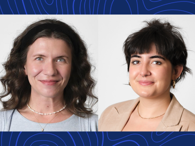 Portrait of two smiling women side by side at the Salt Lake Book Festival, framed by blue patterned graphics.