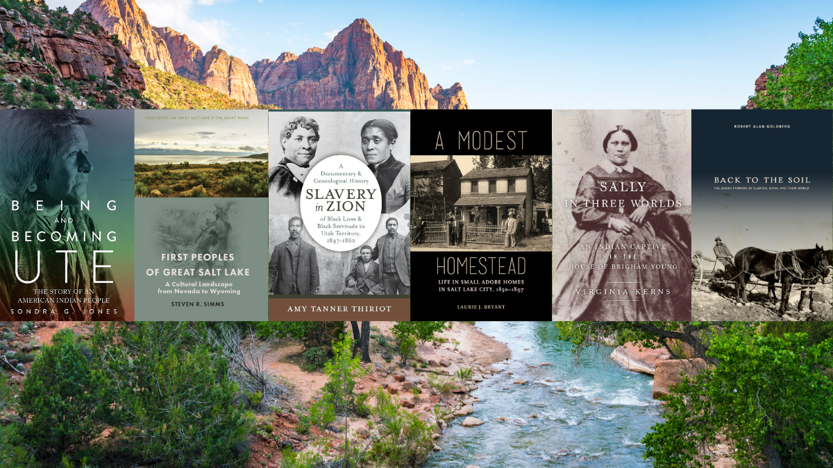 a picture of mountains and rivers in utah with 6 different book covers in front of it