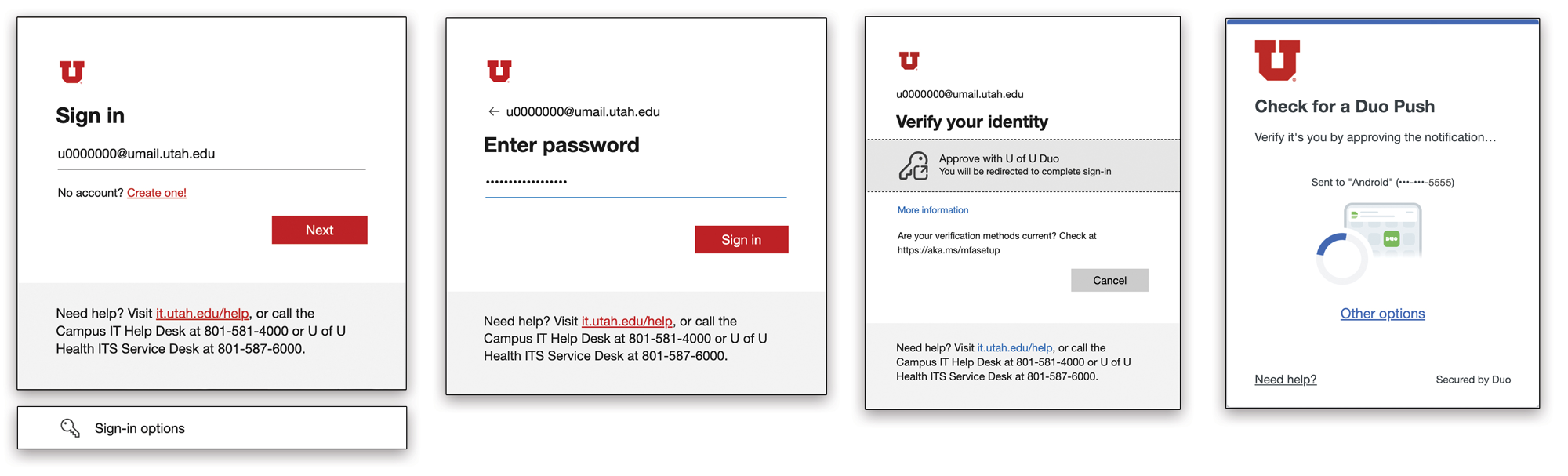 This image shows four steps of the login process: sign in with your unid at umail dot utah dot edu, enter your university password, approve with u of u duo, and a prompt to check your mobile device for duo push.