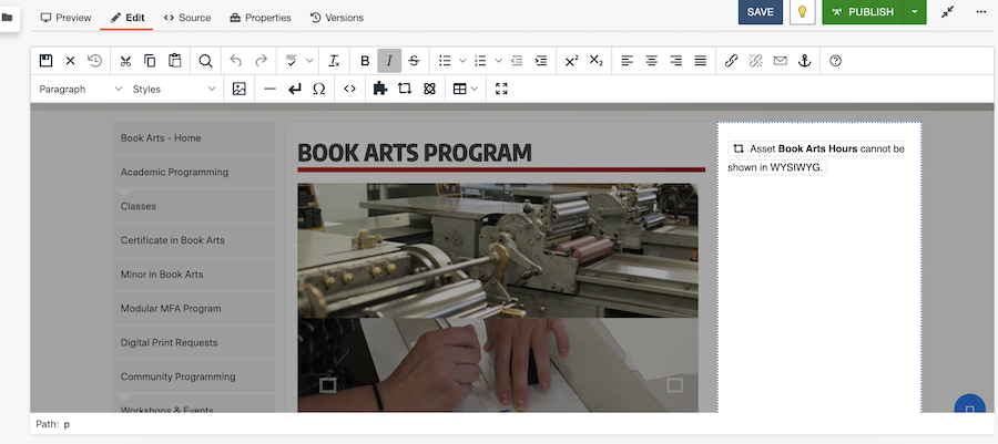 Staging view of Book Arts page
