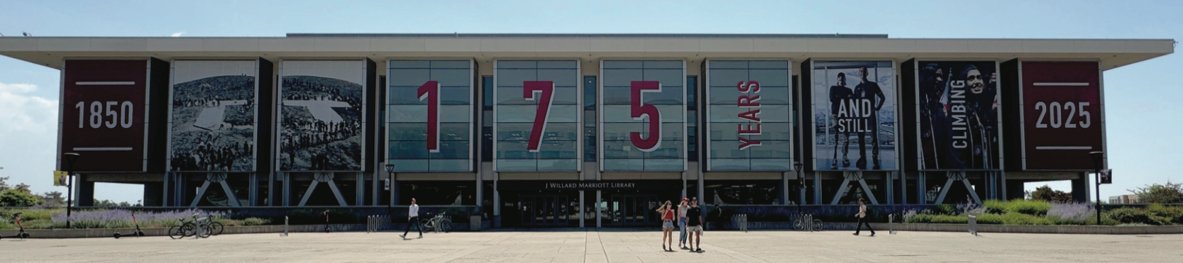 exterior of the Marriott Library with 175 years and counting banner