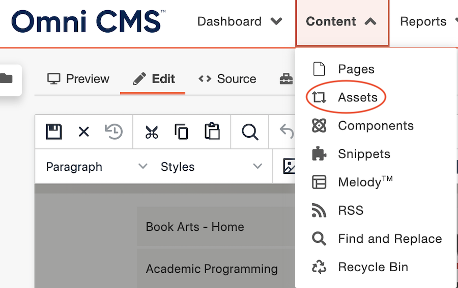 From dropdown menu at top of page choose content - assets 