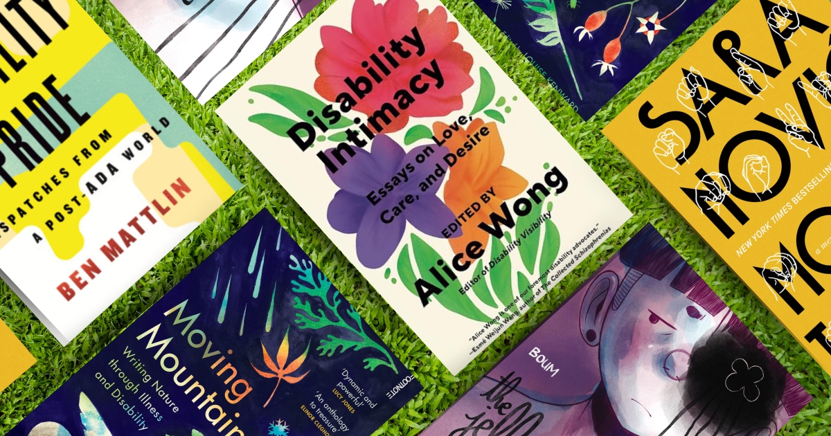 A collection of vibrant book covers on grass. Featured titles include “Disability Intimacy,” with a floral design, and “Disability Pride,” with bold text.