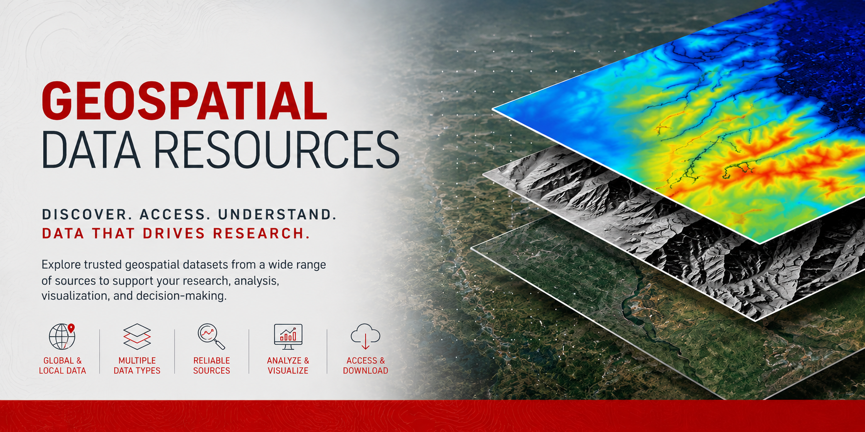 Banner for Geospatial Data Resources featuring layered terrain, elevation, and satellite datasets representing spatial data discovery, analysis, and visualization for research.