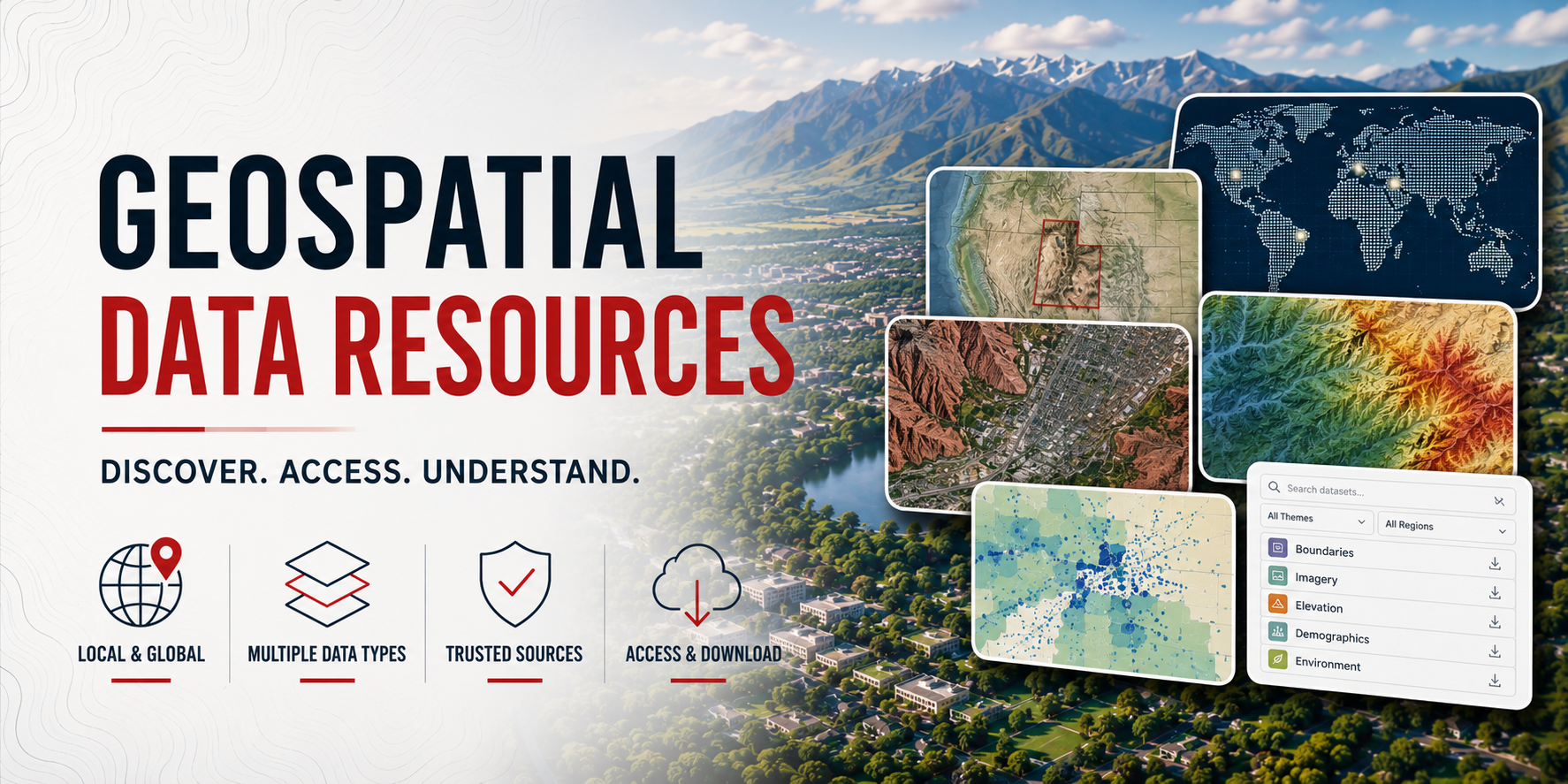 Examples of local and global geospatial datasets—including regional maps, satellite imagery, elevation, and demographic data—displayed alongside a searchable download catalog.