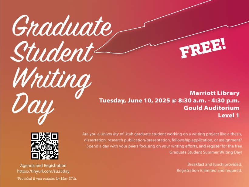 pink and orange gradient with a pen and the words "Graduate Student Writing Day" over it. Features scannable QR code and information about the event.
