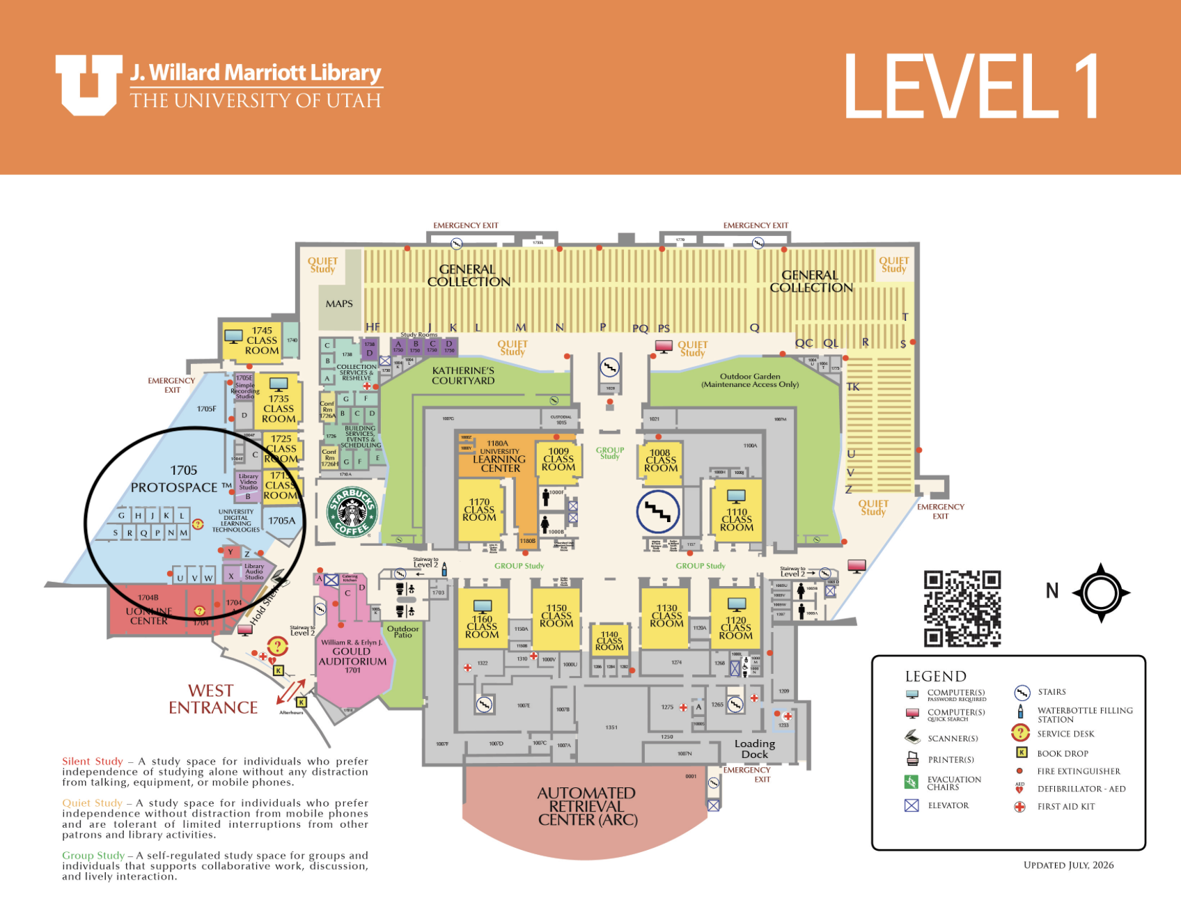 Map showing ProtoSpace suite 1705 location on Level 1 of Marriott Library
