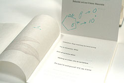 Text page and double-panel flyout detail of Red Butte Press's latest publication, "Problems of Description in the Language of Discovery," by Katharine Coles