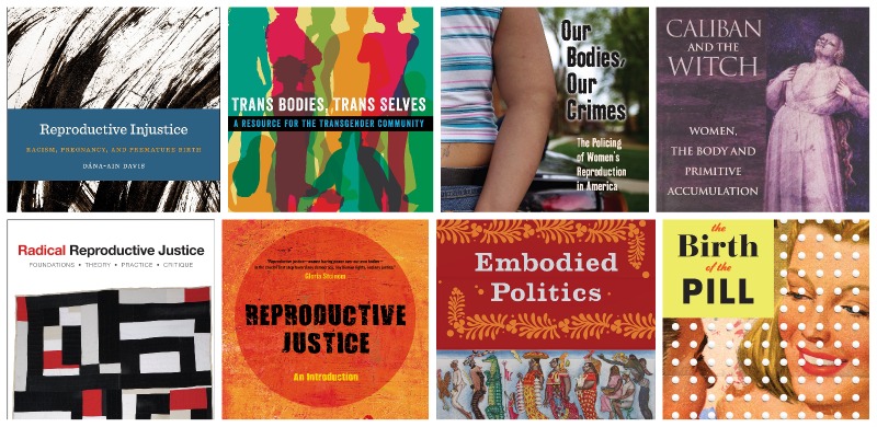 collection of book covers that feature books about reproductive health