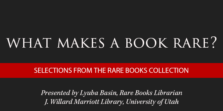 A promotional graphic for a presentation titled "What Makes a Book Rare?" featuring details about the speaker and library.