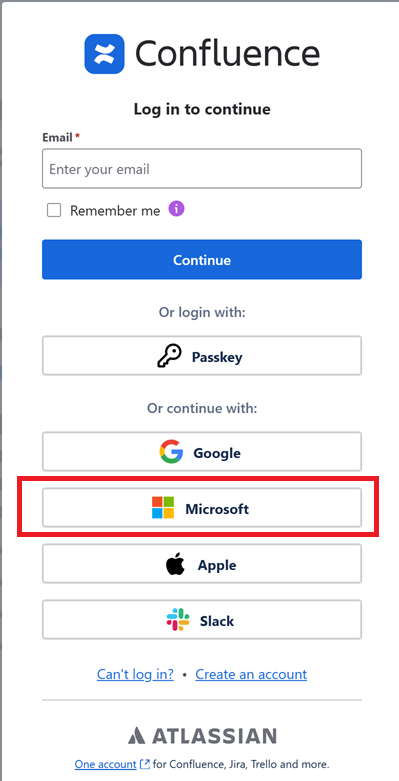 Screenshot of Attlasian log in options