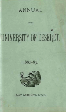 University of Deseret cover from 1882-1883 with drawing of a lamp on a book