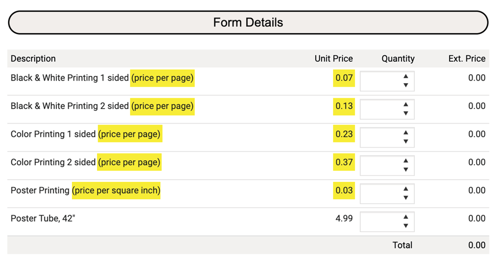 A screenshot that shows a list of items in which to purchase with a field for quantity. Black and white printing is 0.07, color printing is 0.25, poster printing is 0.03 per square inch, 3D printing is 0.10 per gram used, and poster tubes are 4.99 each..