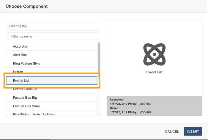 event list component select