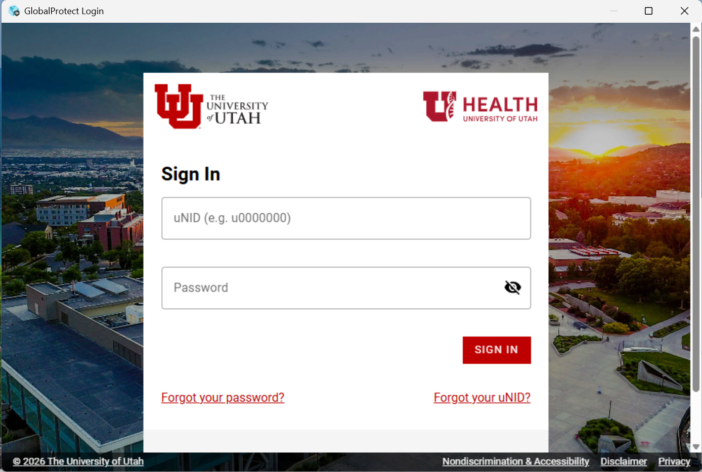 A University of Utah branded login window where you will sign in with your u0000000 number and campus password.