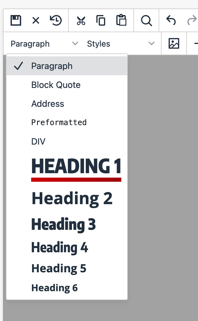 headings toolbar options