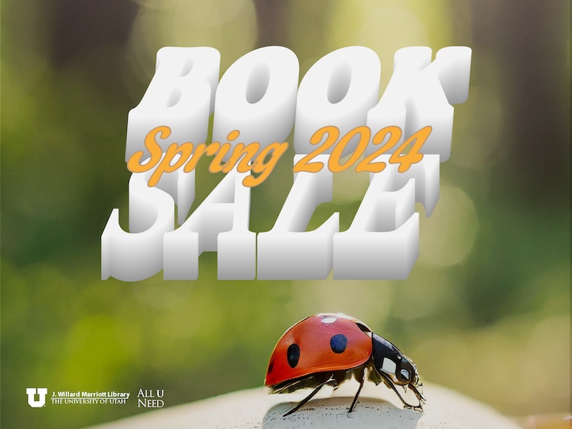 Lady bug on top of a book page. big text reading book sale spring 2024