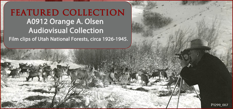A black-and-white photograph of a man in a black coat and hat filming a herd of elk. The text on the image reads “Featured collection A0912 Orange A. Olsen Audiovisual collection film clips of Utah National Forests, circa 1926-1945” and it links to the videos on the Digital Library.