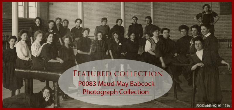 A black-and-white photograph of a women's physical education class at the University of Utah around 1895. The young women wear puffed shirtwaist sleeves and skirts as they pose around exercise equipment. The text reads: "Featured Collection P0083 Maud May Babcock Photograph collection." Babcock poses in front of the group on the left.