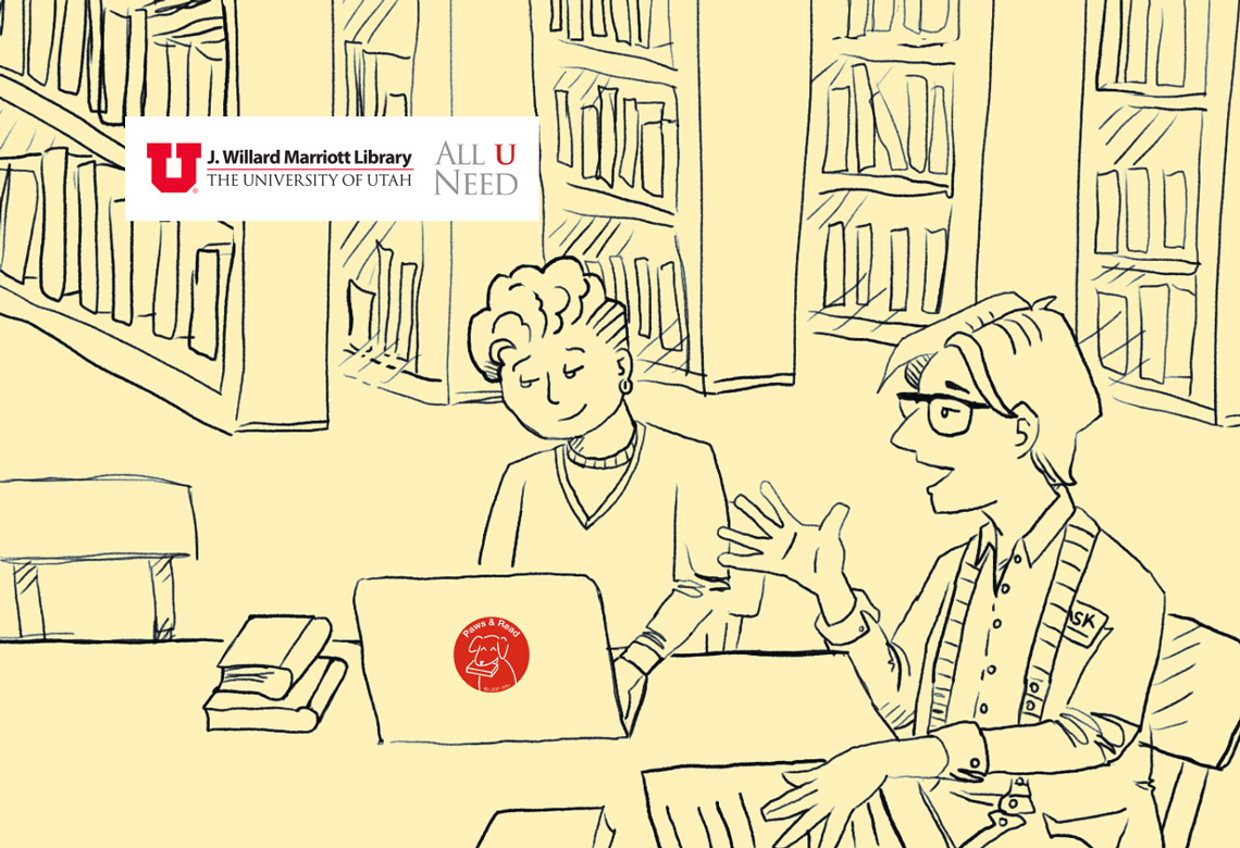 a sketched image depicting two people talking in the library
