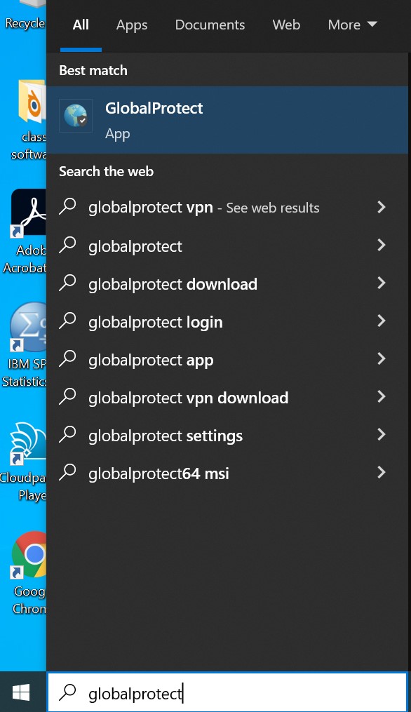 Start menu with GlobalProtect app