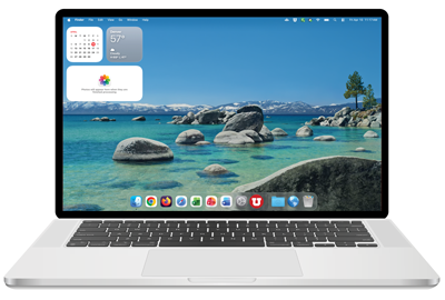 A mac laptop that is signed in. It shows the desktop and the dock.