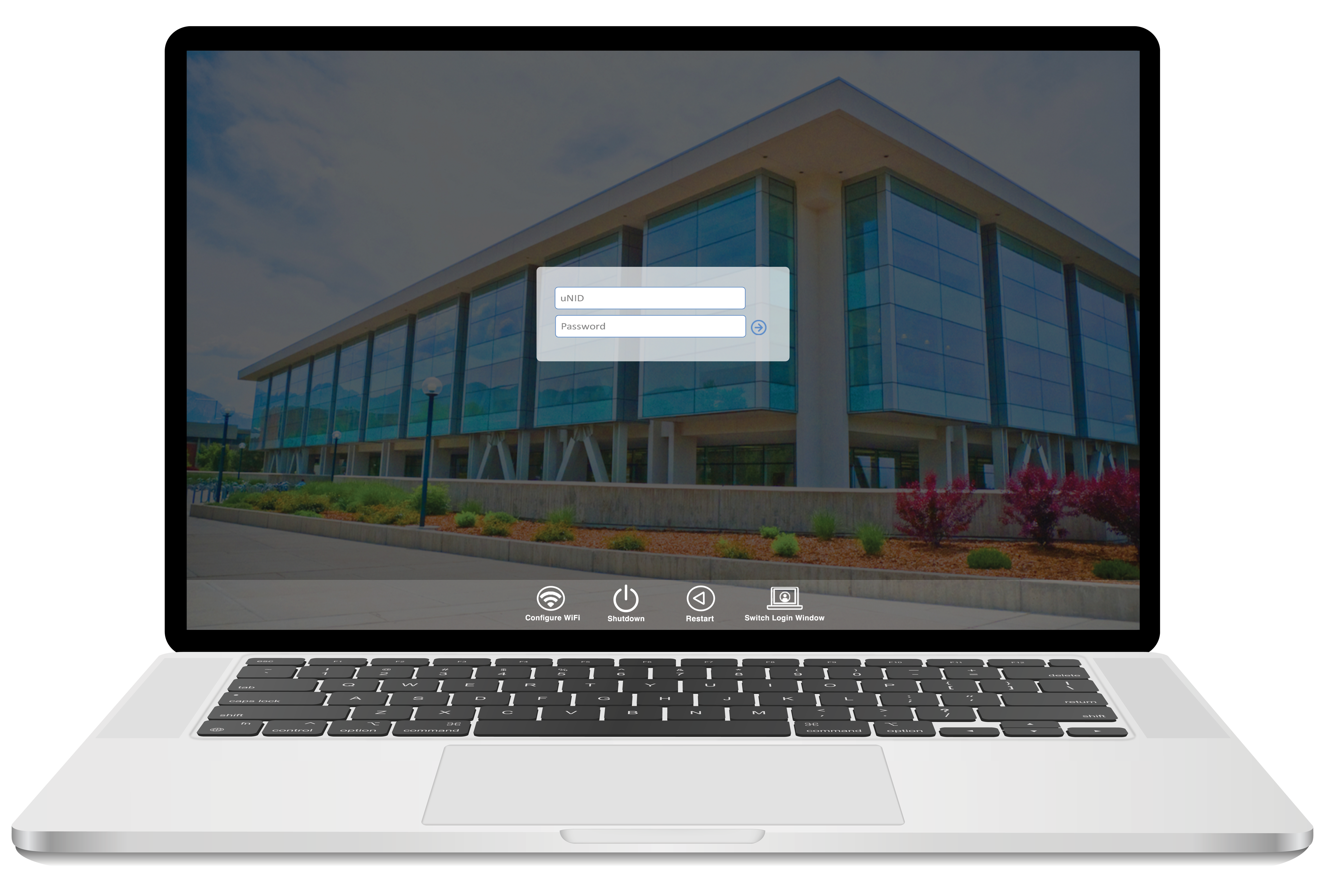 A mac laptop that shows a local login window in which you would put your unid and campus password. this only works after signing in once on wifi