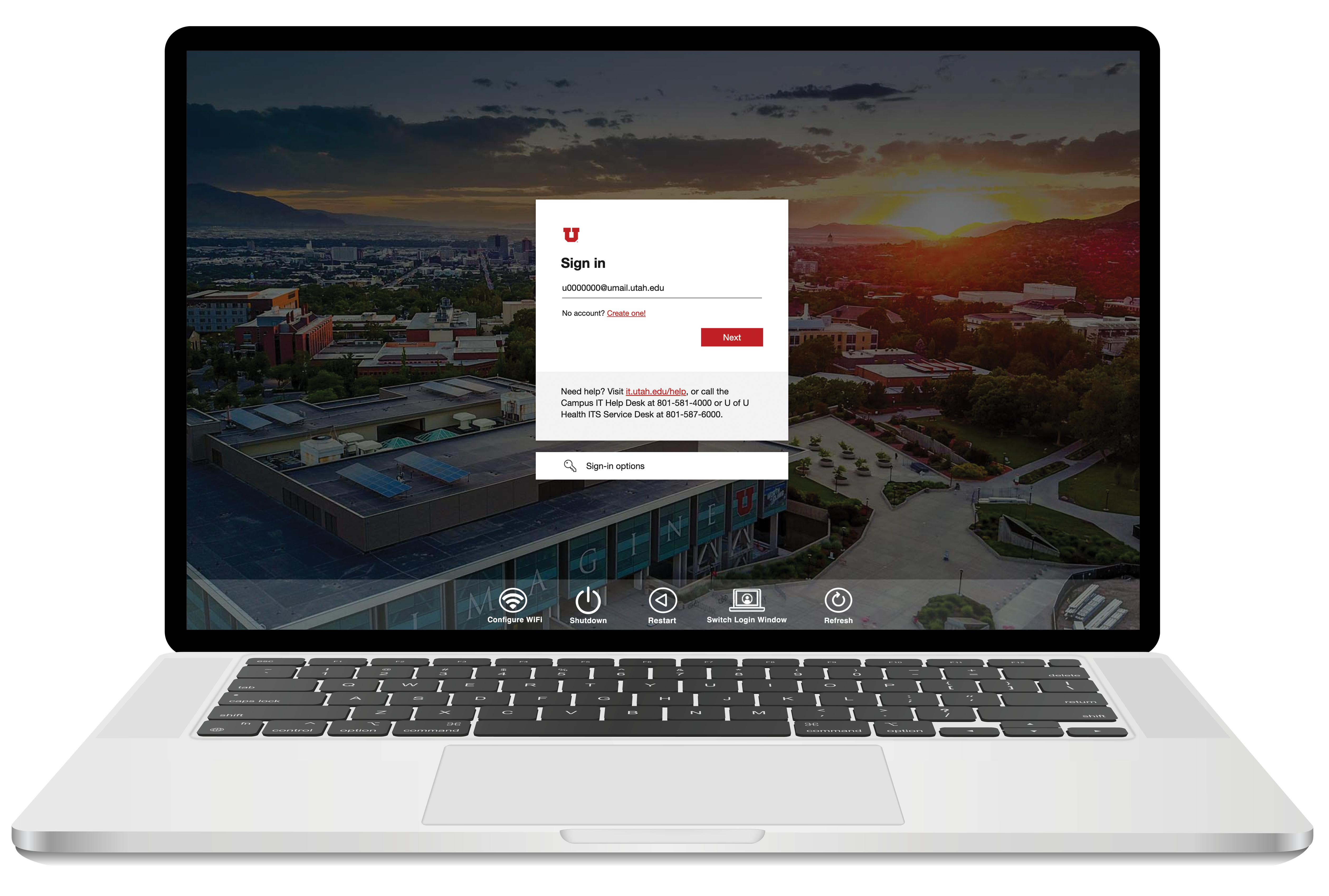 A mac laptop that shows an aerial view of campus in the background of the sign in window