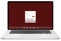 A mac laptop that has a red background instead of a photo of campus