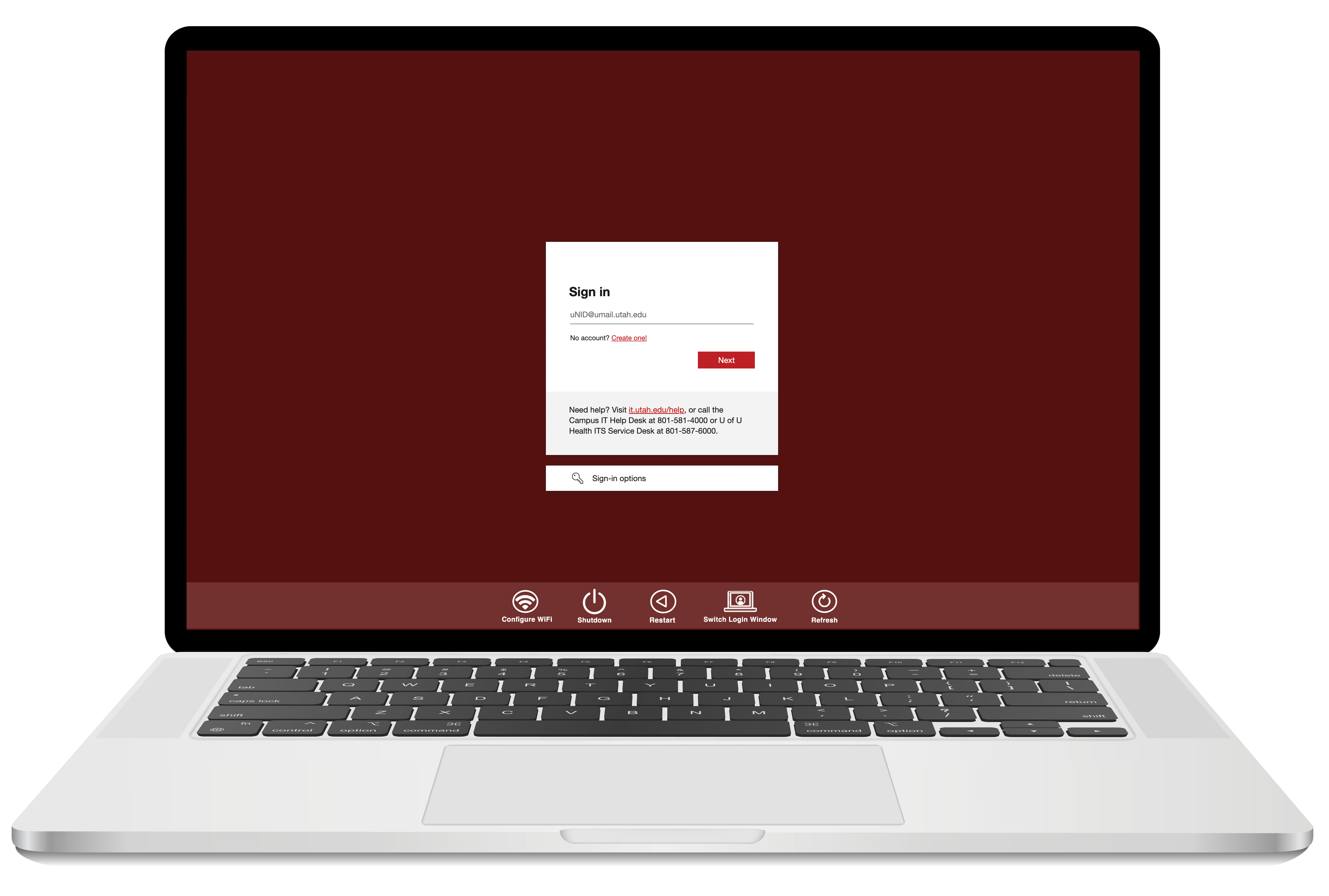 A mac laptop that has a red background instead of a photo of campus