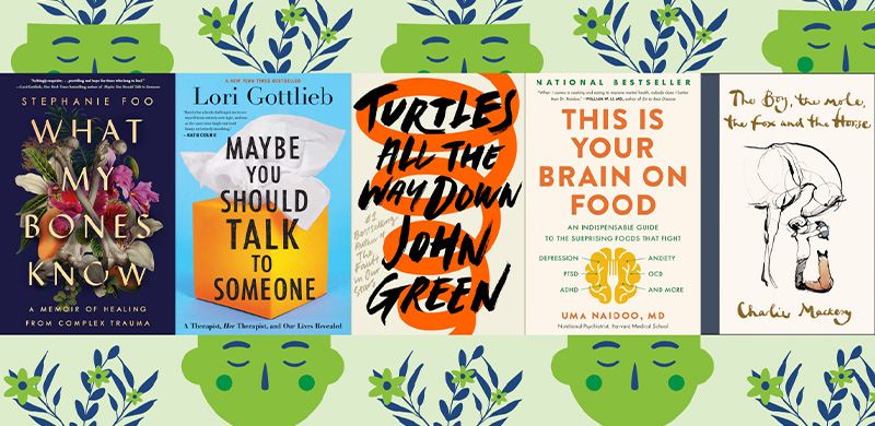 plants and a person looking calm as the background with five book covers on the front
