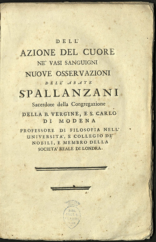 Spallanzani's Dell,azione del cuore ne'vasi sanguigni, 1768