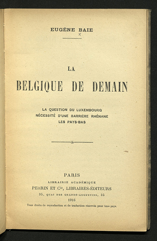 Title page of Eugene Baie's La Belgique de Demain, 1916