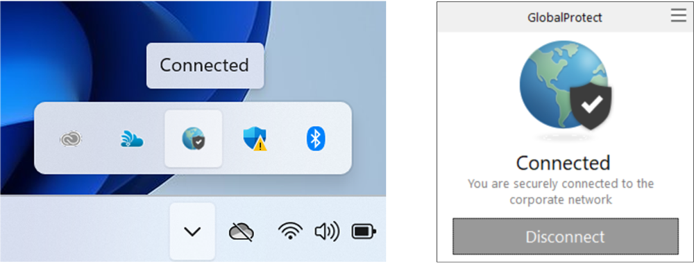 after you are logged in, click the arrow to show hidden icons, click the GlobalProtect icon and click disconnect
