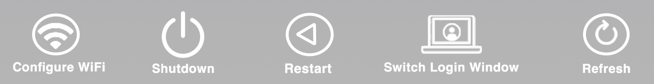 At the bottom of the login window there are icons, configure wifi, shutdown, restart, switch login window, and refresh