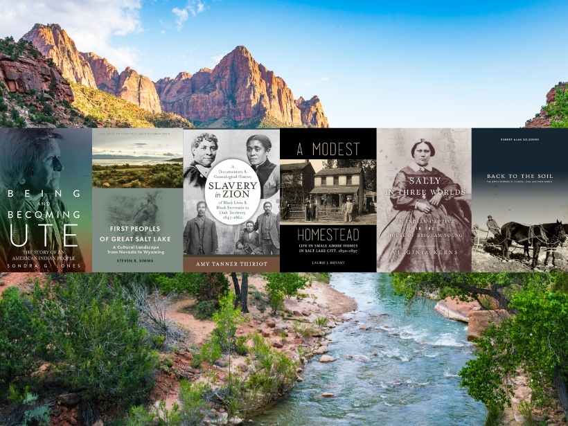 rivers and mountains in utah with different book covers over top of it